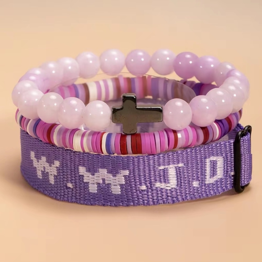 A89 3pc wwjd new bracelet set pick color beaded clay black pink blue red purple - Picture 5 of 6